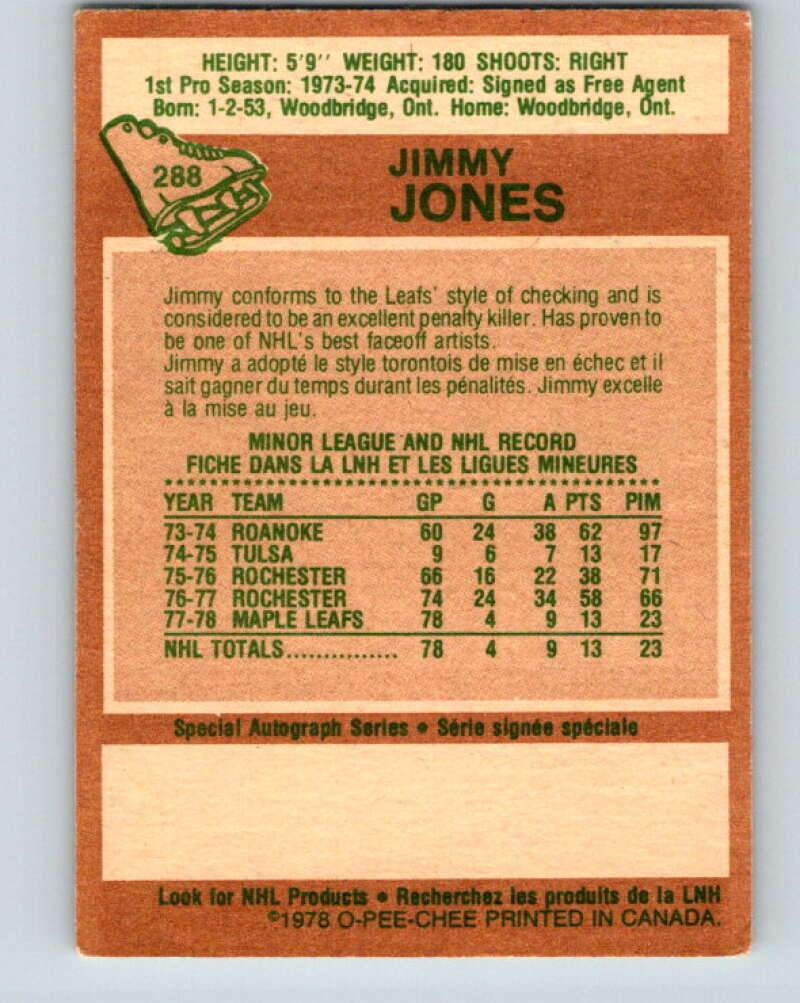1978-79 O-Pee-Chee #288 Jimmy Jones RC Rookie Maple Leafs  V24919