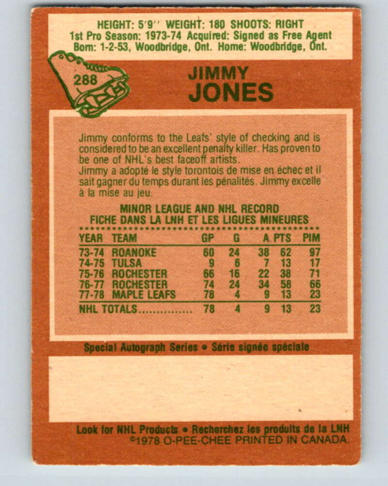 1978-79 O-Pee-Chee #288 Jimmy Jones RC Rookie Maple Leafs  V24929