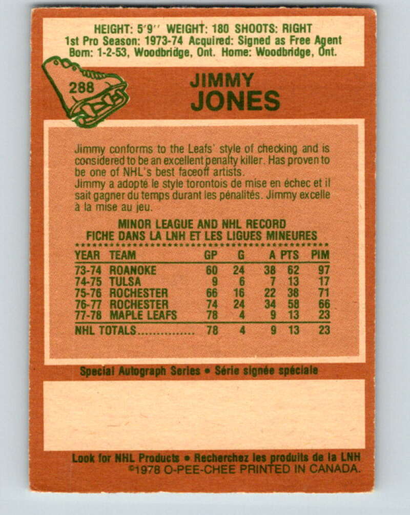 1978-79 O-Pee-Chee #288 Jimmy Jones RC Rookie Maple Leafs  V24930