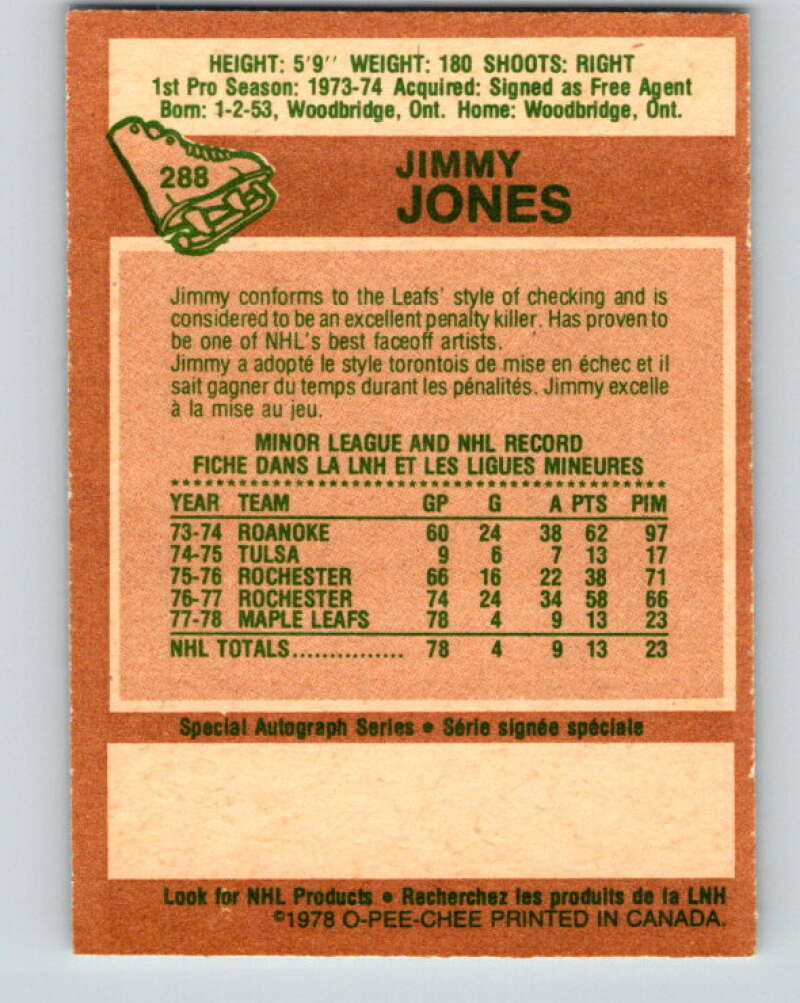 1978-79 O-Pee-Chee #288 Jimmy Jones RC Rookie Maple Leafs  V24935