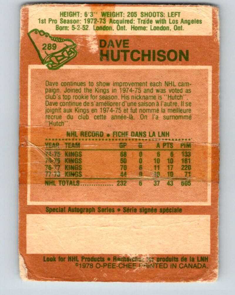 1978-79 O-Pee-Chee #289 Dave Hutchison  Toronto Maple Leafs  V24936