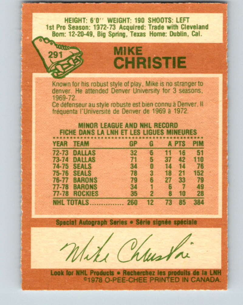1978-79 O-Pee-Chee #291 Mike Christie  Colorado Rockies  V24962