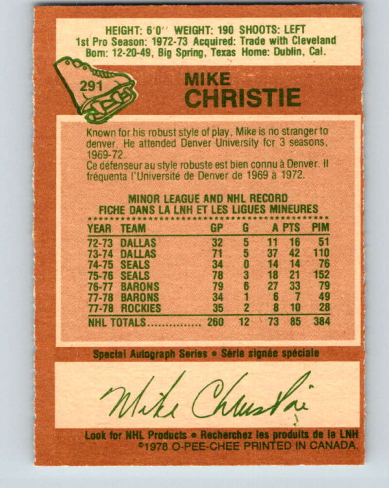 1978-79 O-Pee-Chee #291 Mike Christie  Colorado Rockies  V24967