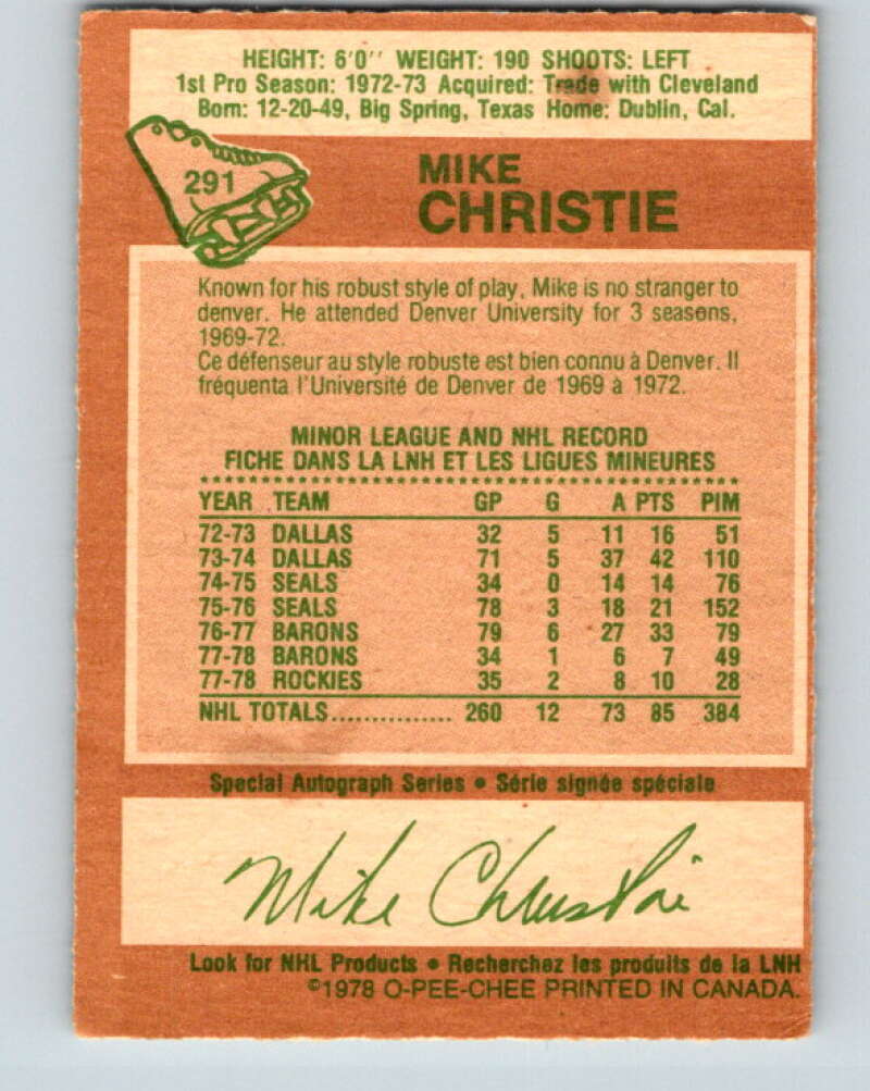 1978-79 O-Pee-Chee #291 Mike Christie  Colorado Rockies  V24971