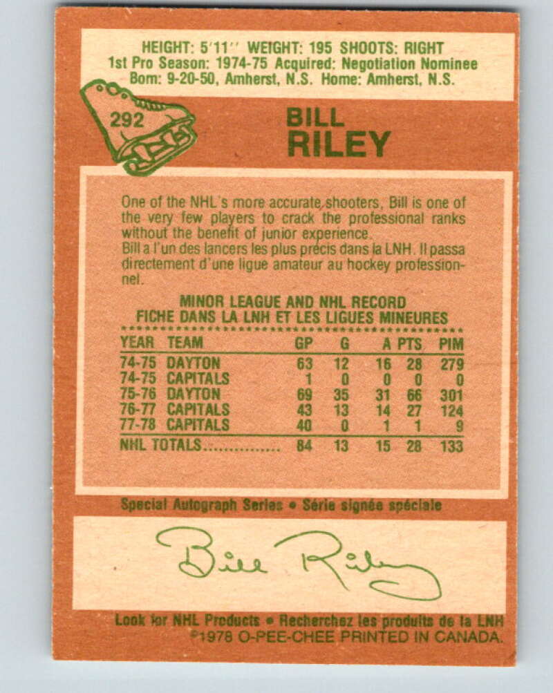 1978-79 O-Pee-Chee #292 Bill Riley  Washington Capitals  V24979