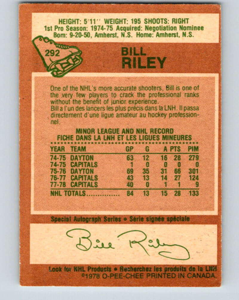 1978-79 O-Pee-Chee #292 Bill Riley  Washington Capitals  V24982