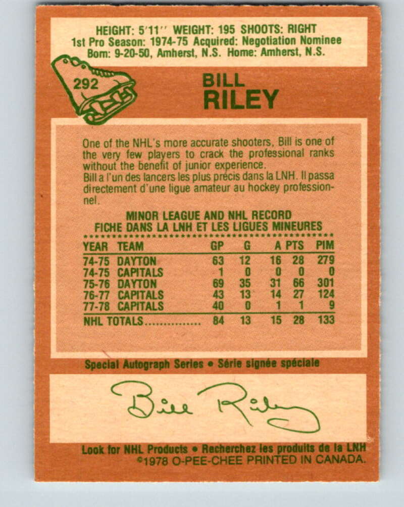 1978-79 O-Pee-Chee #292 Bill Riley  Washington Capitals  V24986
