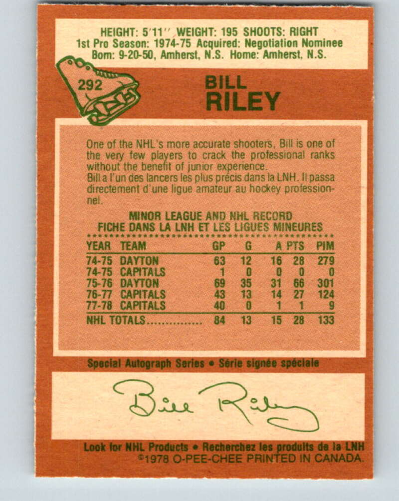 1978-79 O-Pee-Chee #292 Bill Riley  Washington Capitals  V24987