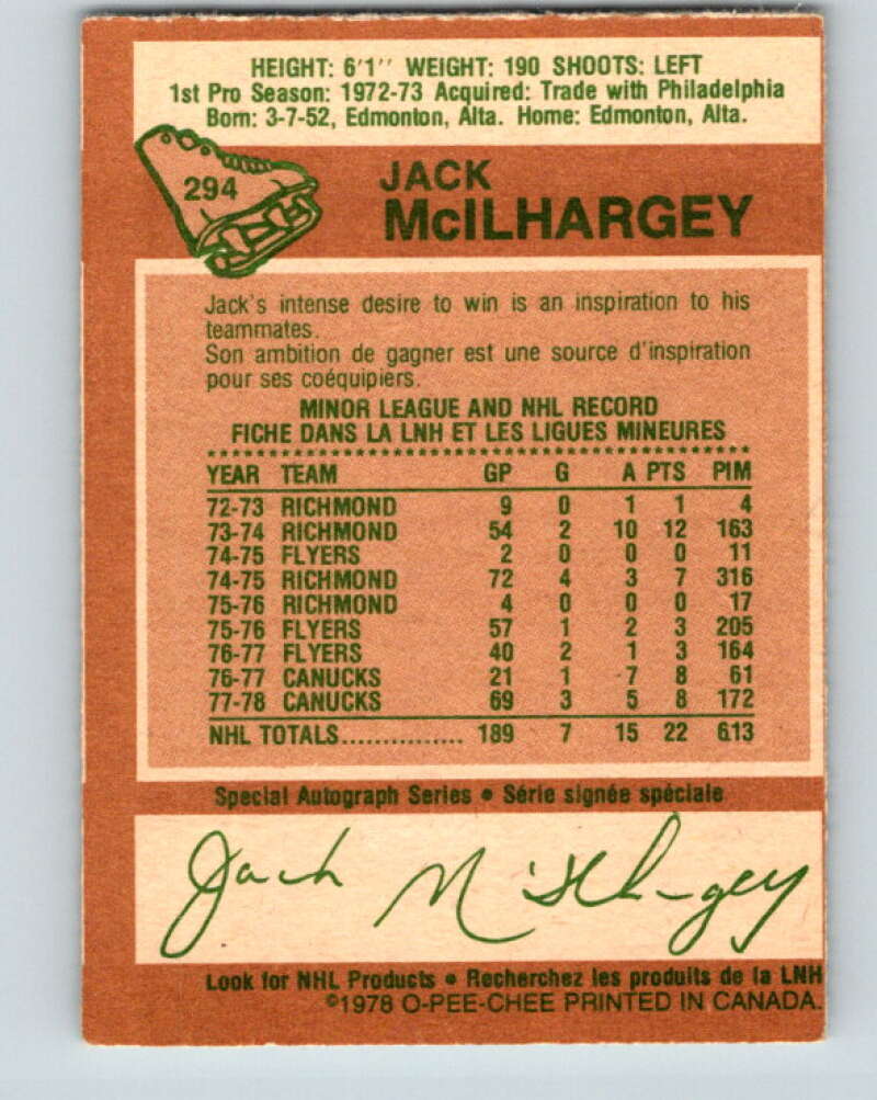 1978-79 O-Pee-Chee #294 Jack McIlhargey RC Rookie Canucks  V25002
