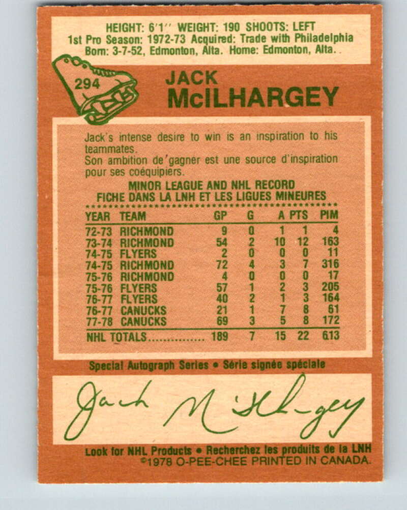1978-79 O-Pee-Chee #294 Jack McIlhargey RC Rookie Canucks  V25004