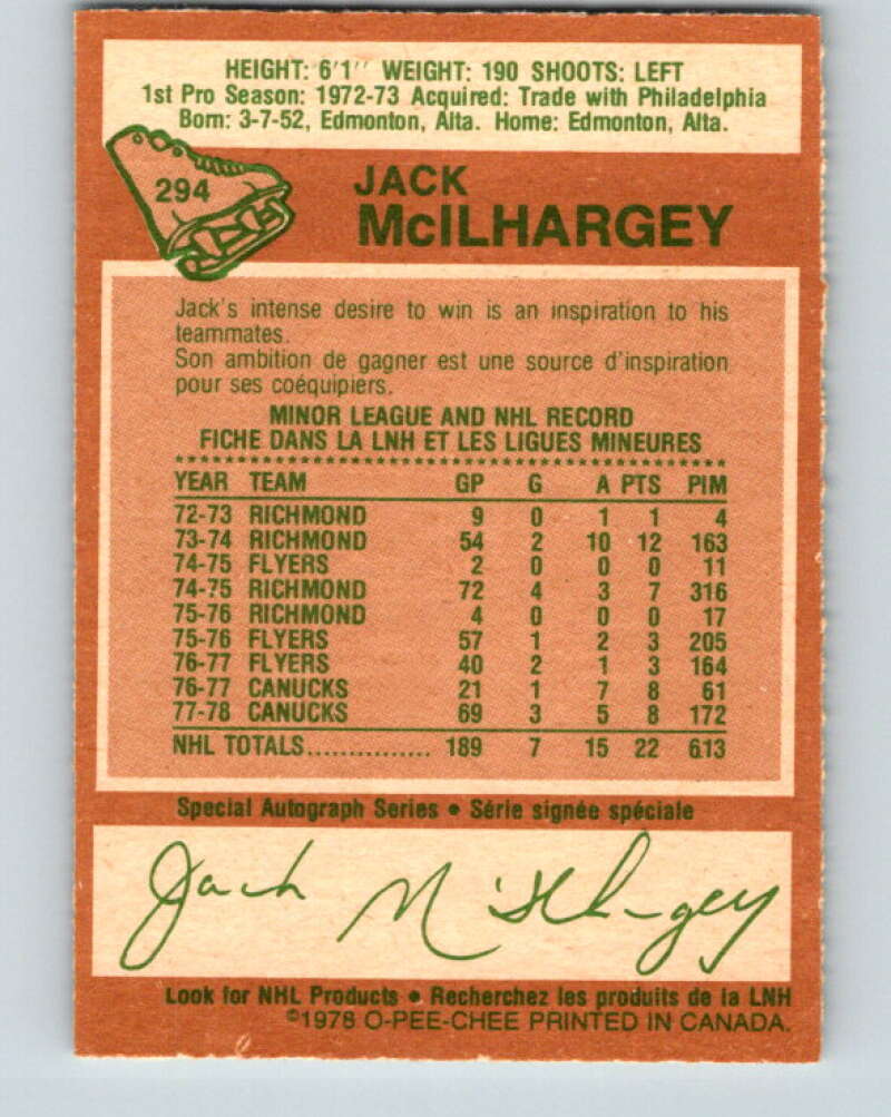 1978-79 O-Pee-Chee #294 Jack McIlhargey RC Rookie Canucks  V25008