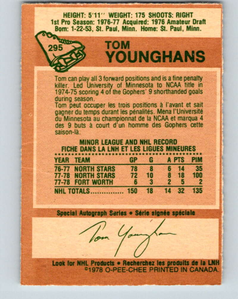 1978-79 O-Pee-Chee #295 Tom Younghans  RC Rookie North Stars  V25017