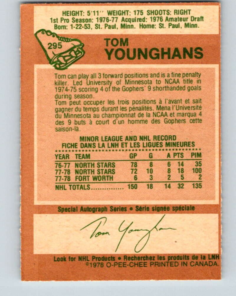 1978-79 O-Pee-Chee #295 Tom Younghans  RC Rookie North Stars  V25029