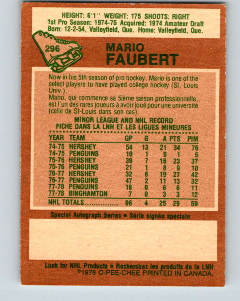 1978-79 O-Pee-Chee #296 Mario Faubert  RC Rookie Penguins  V25036