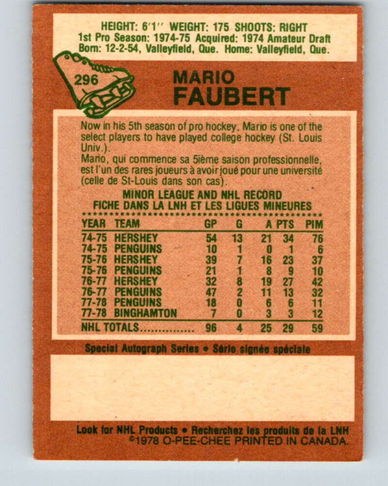 1978-79 O-Pee-Chee #296 Mario Faubert  RC Rookie Penguins  V25040