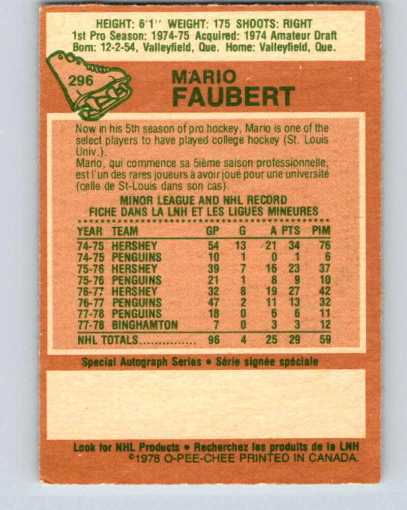 1978-79 O-Pee-Chee #296 Mario Faubert  RC Rookie Penguins  V25041