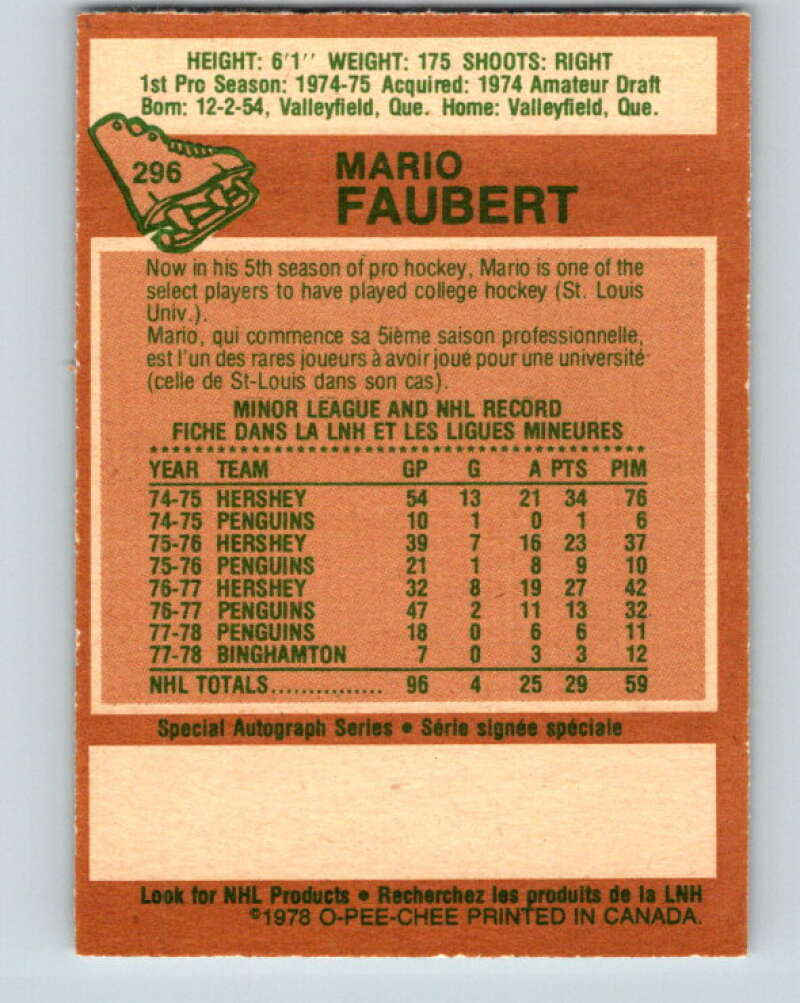 1978-79 O-Pee-Chee #296 Mario Faubert  RC Rookie Penguins  V25044