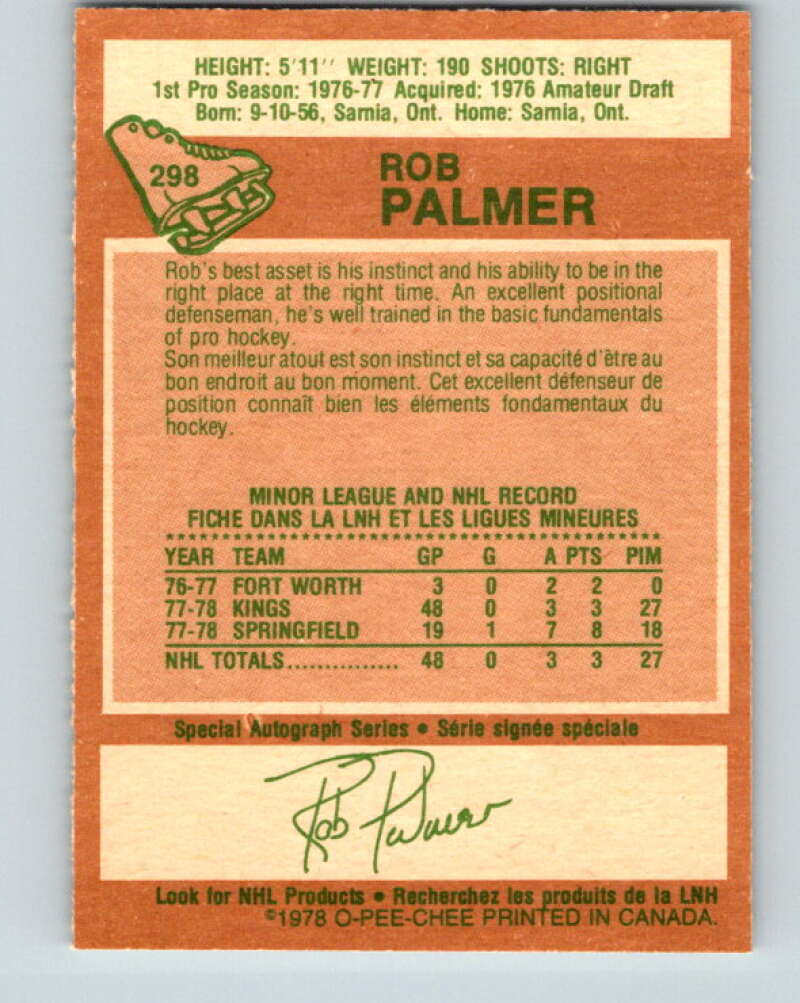 1978-79 O-Pee-Chee #298 Rob Palmer  RC Rookie Kings  V25055