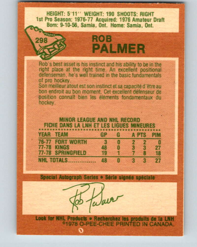 1978-79 O-Pee-Chee #298 Rob Palmer  RC Rookie Kings  V25057