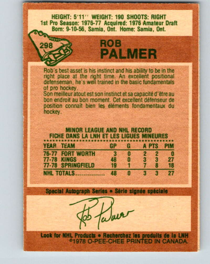 1978-79 O-Pee-Chee #298 Rob Palmer  RC Rookie Kings  V25059