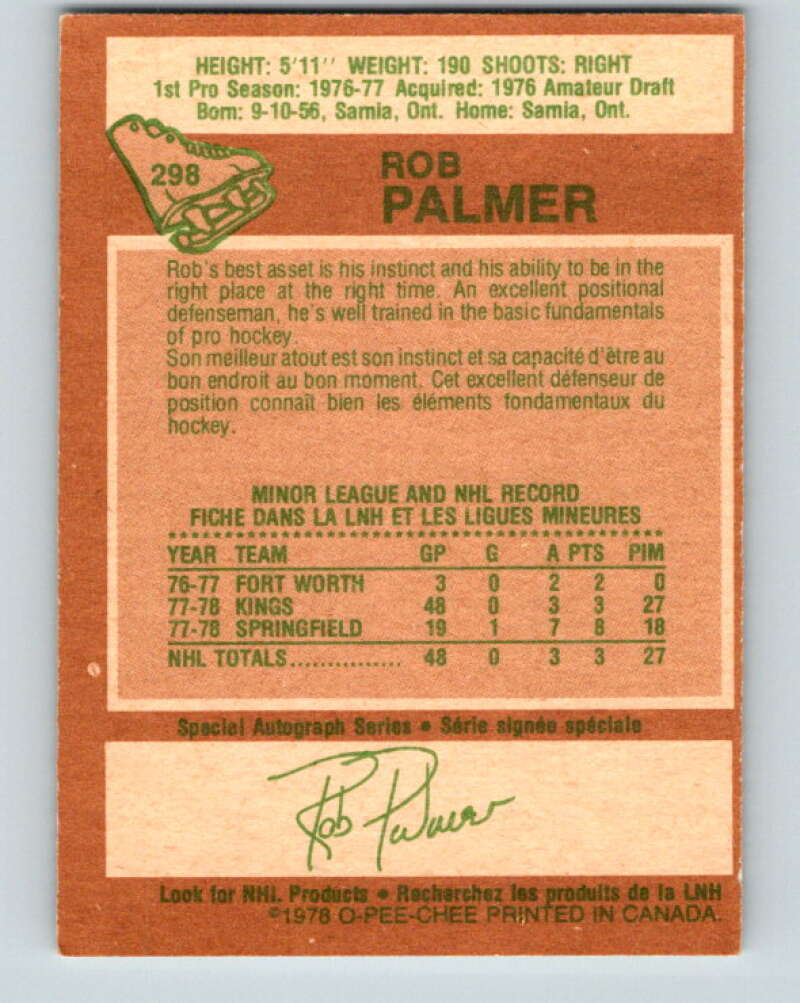1978-79 O-Pee-Chee #298 Rob Palmer  RC Rookie Kings  V25060