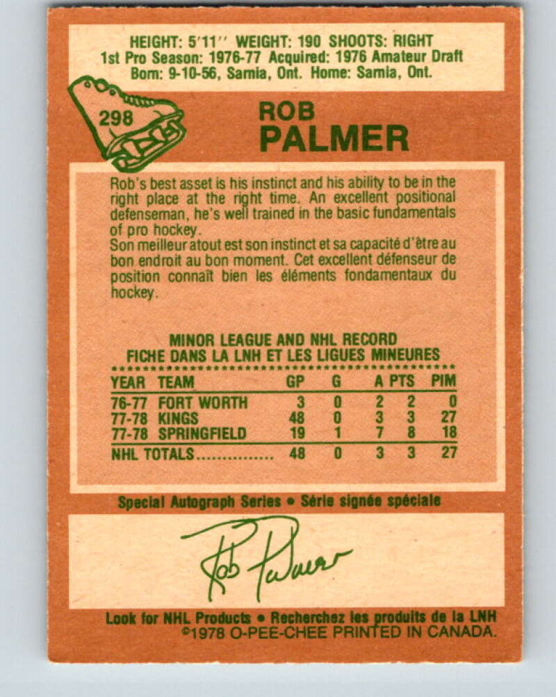 1978-79 O-Pee-Chee #298 Rob Palmer  RC Rookie Kings  V25067