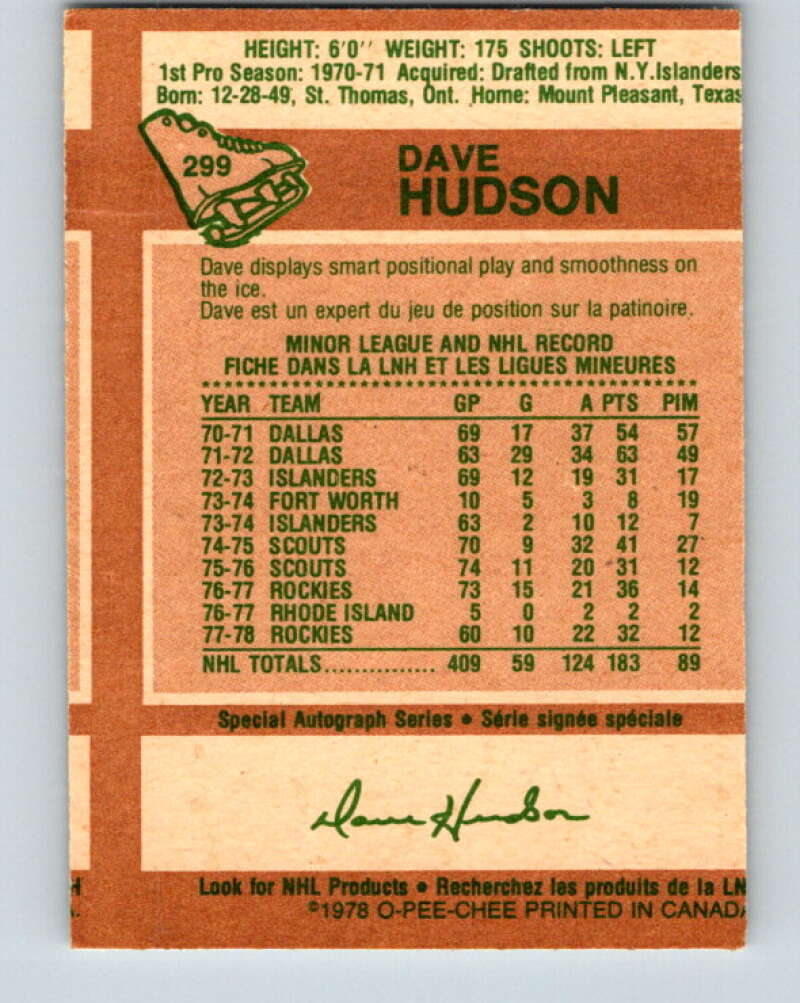 1978-79 O-Pee-Chee #299 Dave Hudson  Colorado Rockies  V25072