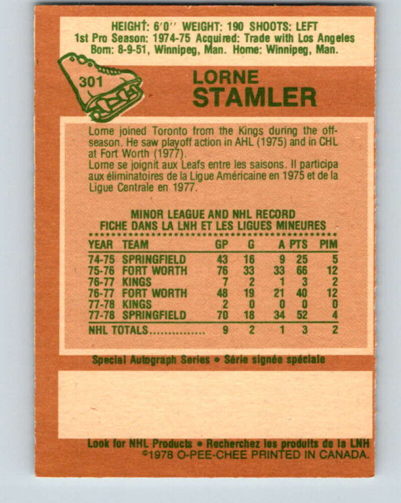 1978-79 O-Pee-Chee #301 Lorne Stamler  RC Rookie Maple Leafs  V25088