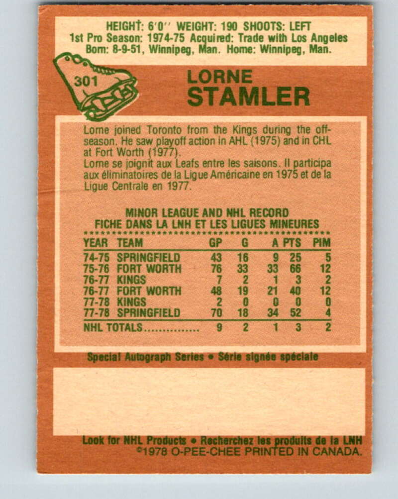 1978-79 O-Pee-Chee #301 Lorne Stamler  RC Rookie Maple Leafs  V25089
