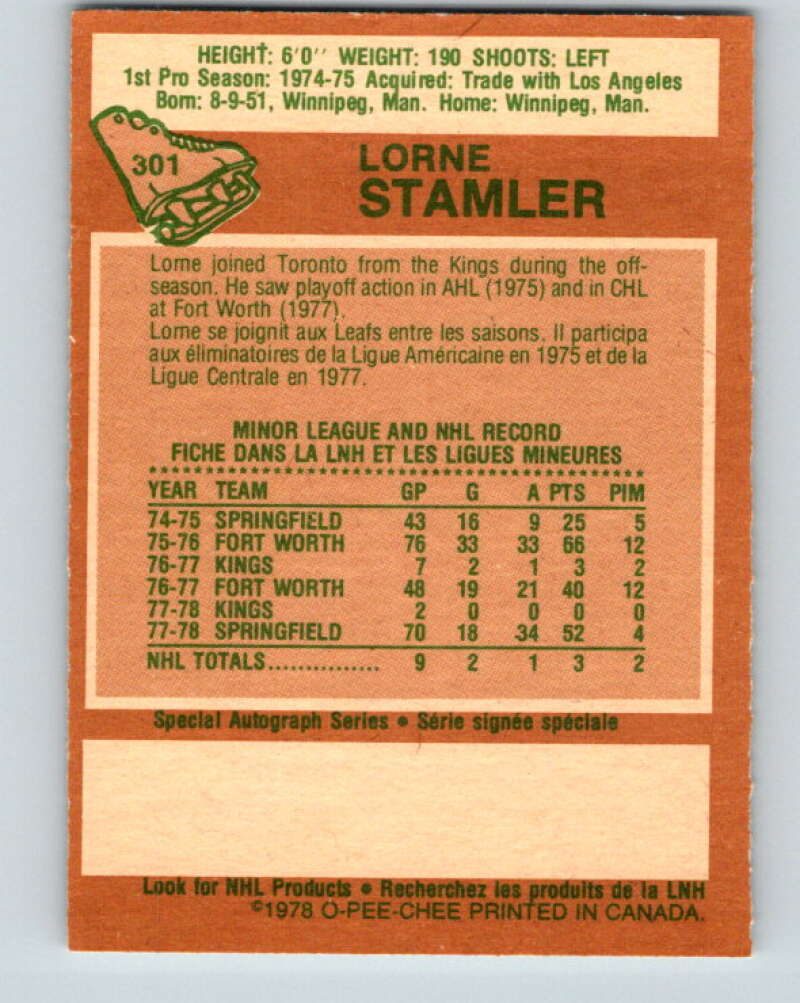 1978-79 O-Pee-Chee #301 Lorne Stamler  RC Rookie Maple Leafs  V25091