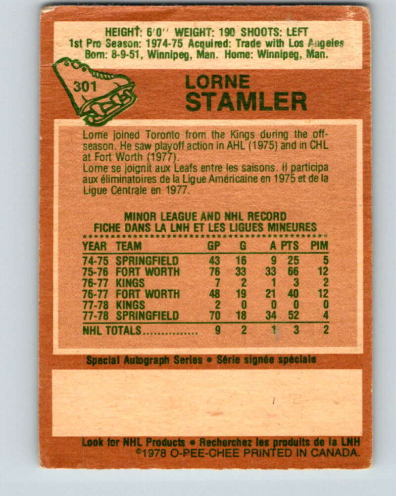 1978-79 O-Pee-Chee #301 Lorne Stamler  RC Rookie Maple Leafs  V25092
