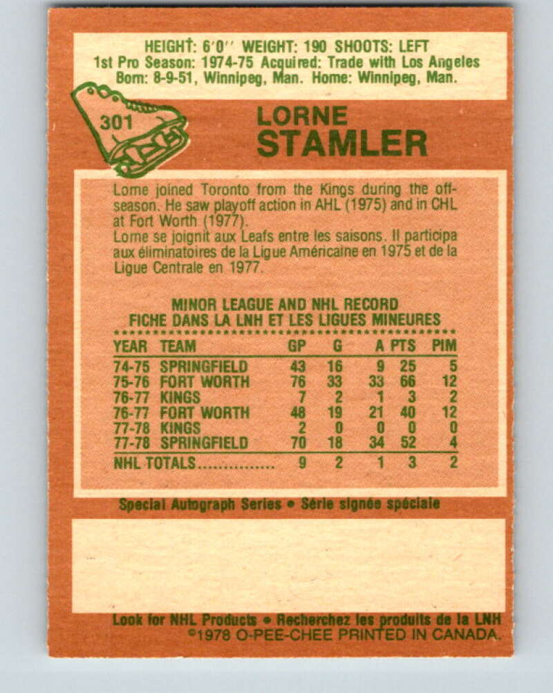 1978-79 O-Pee-Chee #301 Lorne Stamler  RC Rookie Maple Leafs  V25096