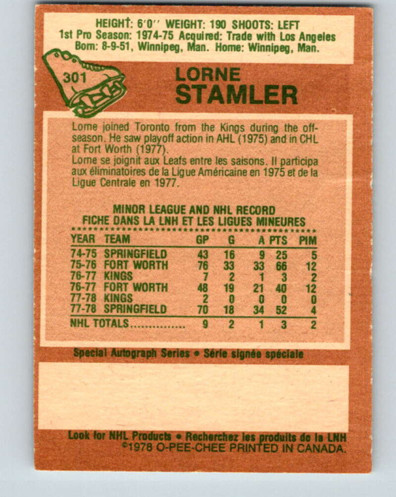1978-79 O-Pee-Chee #301 Lorne Stamler  RC Rookie Maple Leafs  V25097