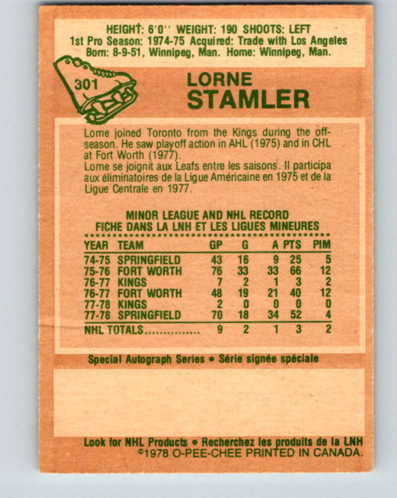1978-79 O-Pee-Chee #301 Lorne Stamler  RC Rookie Maple Leafs  V25099