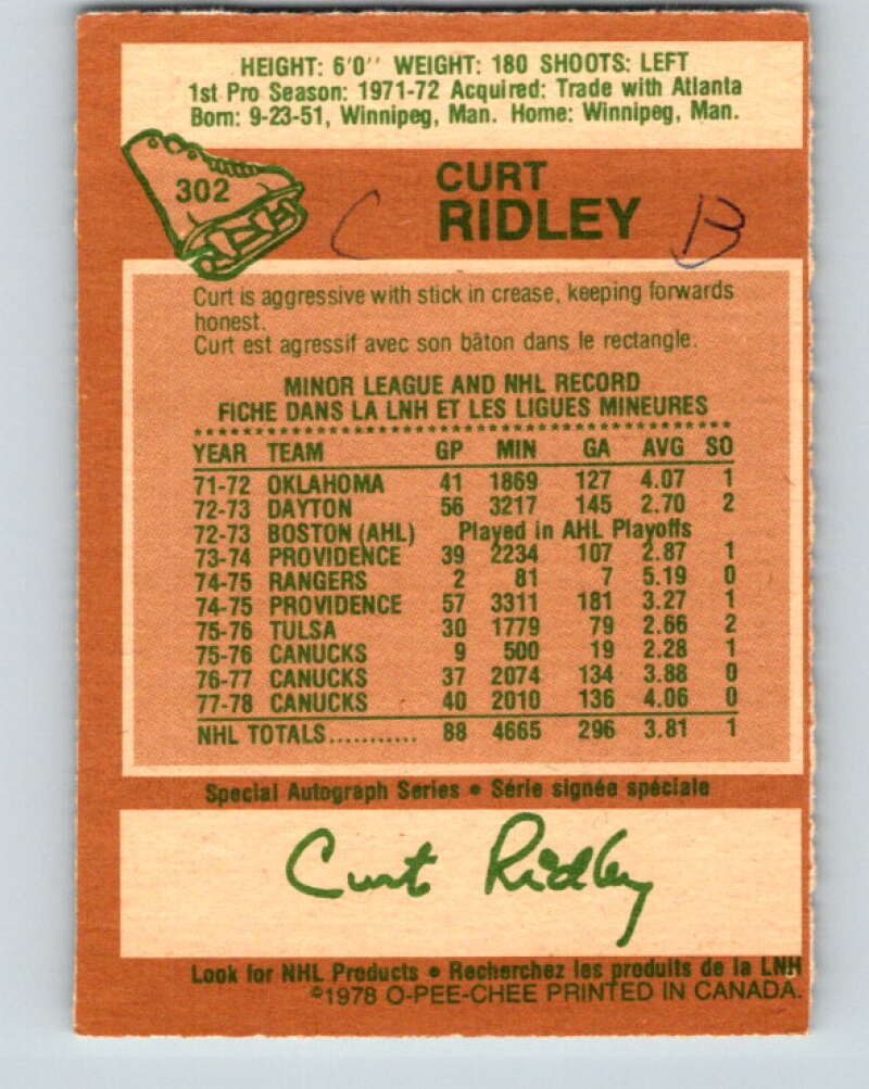 1978-79 O-Pee-Chee #302 Curt Ridley  Vancouver Canucks  V25101