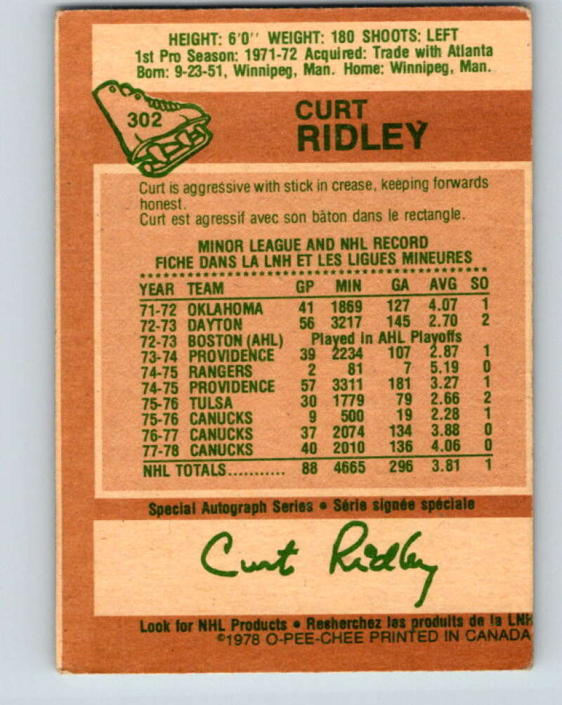 1978-79 O-Pee-Chee #302 Curt Ridley  Vancouver Canucks  V25103