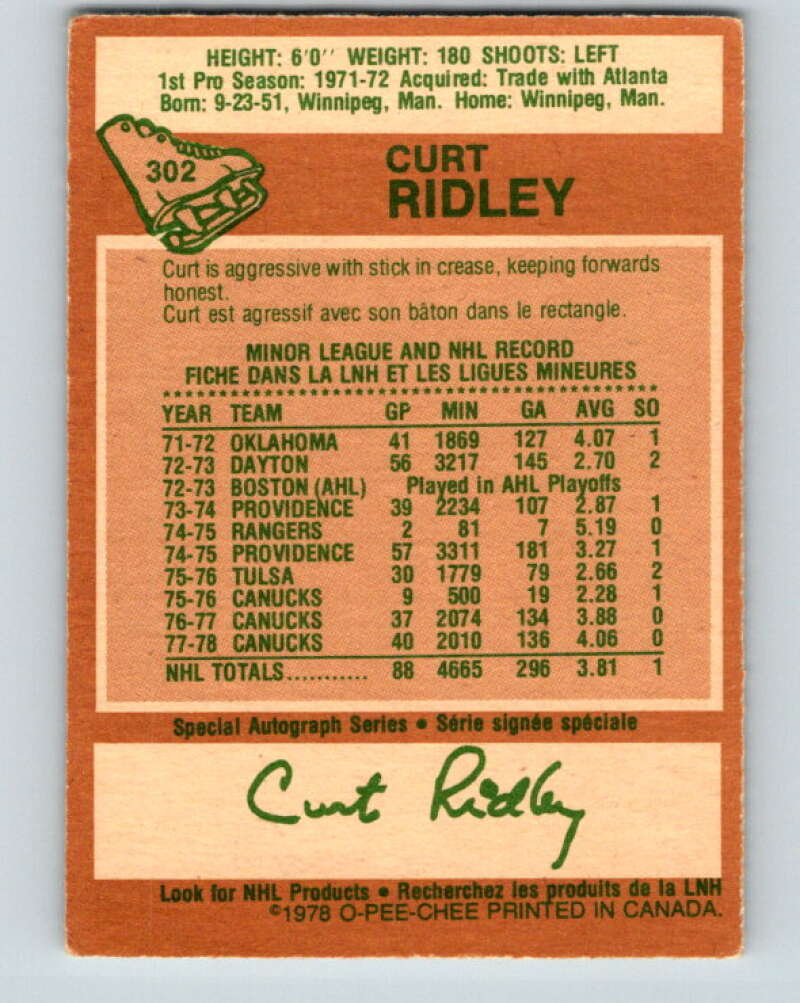 1978-79 O-Pee-Chee #302 Curt Ridley  Vancouver Canucks  V25105