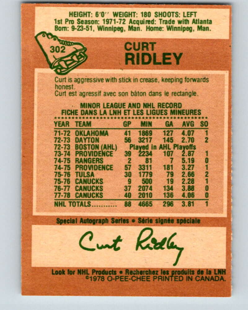 1978-79 O-Pee-Chee #302 Curt Ridley  Vancouver Canucks  V25106