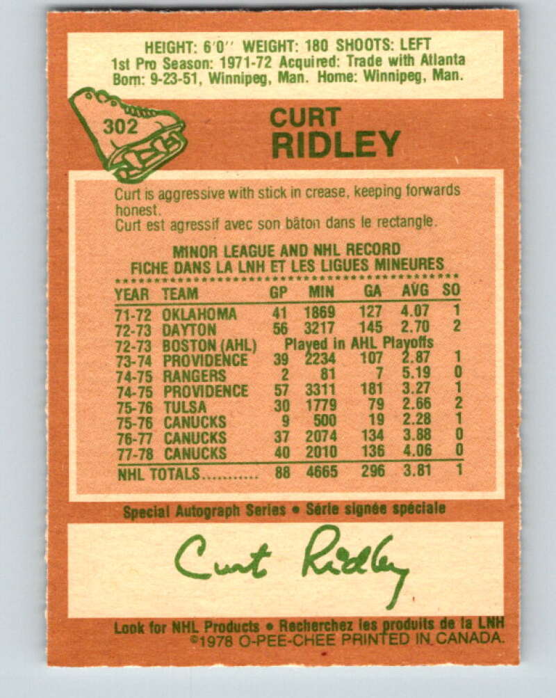1978-79 O-Pee-Chee #302 Curt Ridley  Vancouver Canucks  V25108