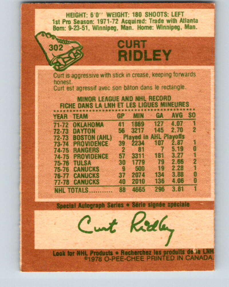 1978-79 O-Pee-Chee #302 Curt Ridley  Vancouver Canucks  V25109
