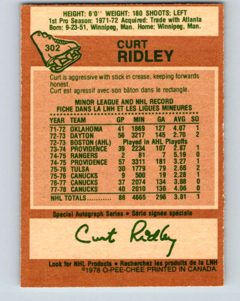 1978-79 O-Pee-Chee #302 Curt Ridley  Vancouver Canucks  V25110