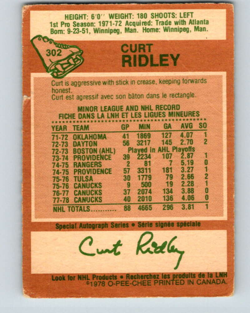 1978-79 O-Pee-Chee #302 Curt Ridley  Vancouver Canucks  V25111