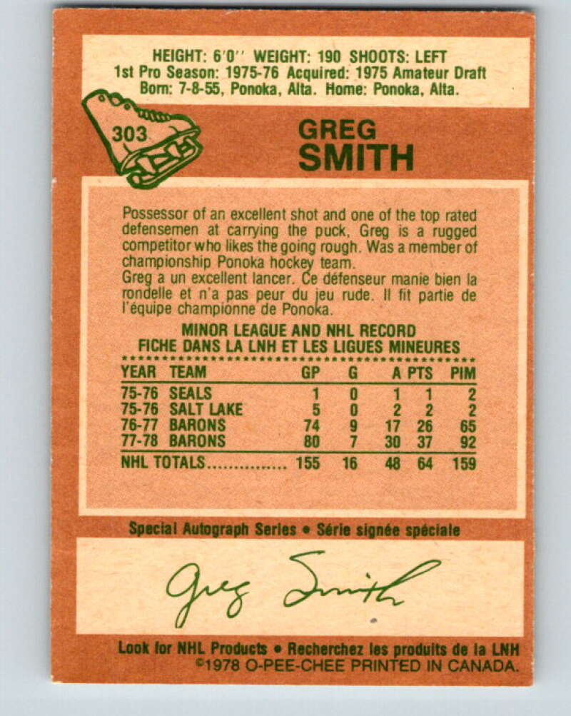 1978-79 O-Pee-Chee #303 Greg Smith  Minnesota North Stars  V25122