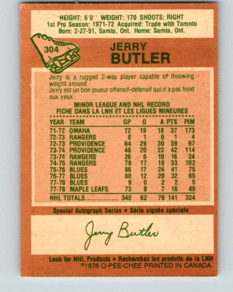 1978-79 O-Pee-Chee #304 Jerry Butler  Toronto Maple Leafs  V25127