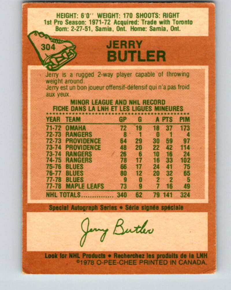 1978-79 O-Pee-Chee #304 Jerry Butler  Toronto Maple Leafs  V25140