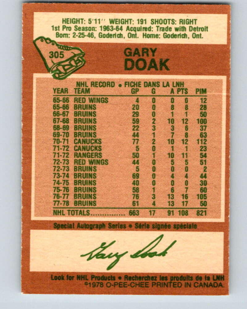 1978-79 O-Pee-Chee #305 Gary Doak  Boston Bruins  V25141