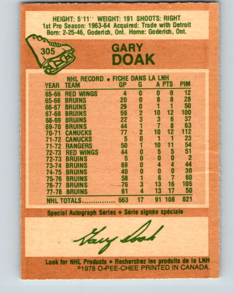1978-79 O-Pee-Chee #305 Gary Doak  Boston Bruins  V25142