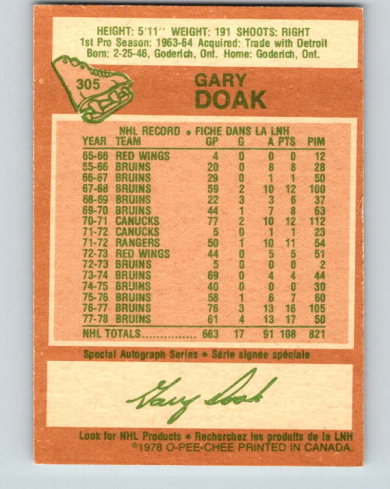 1978-79 O-Pee-Chee #305 Gary Doak  Boston Bruins  V25145