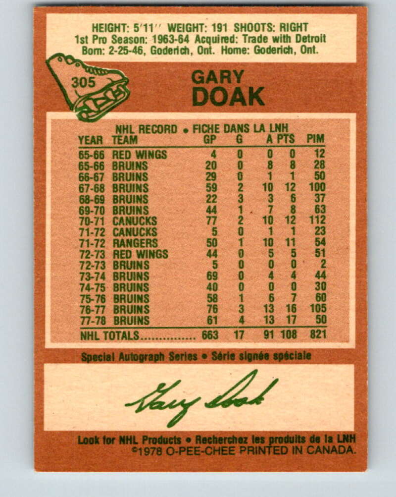 1978-79 O-Pee-Chee #305 Gary Doak  Boston Bruins  V25146