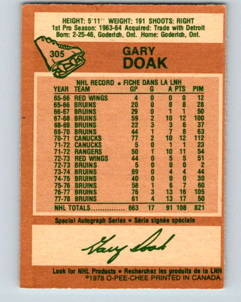 1978-79 O-Pee-Chee #305 Gary Doak  Boston Bruins  V25150